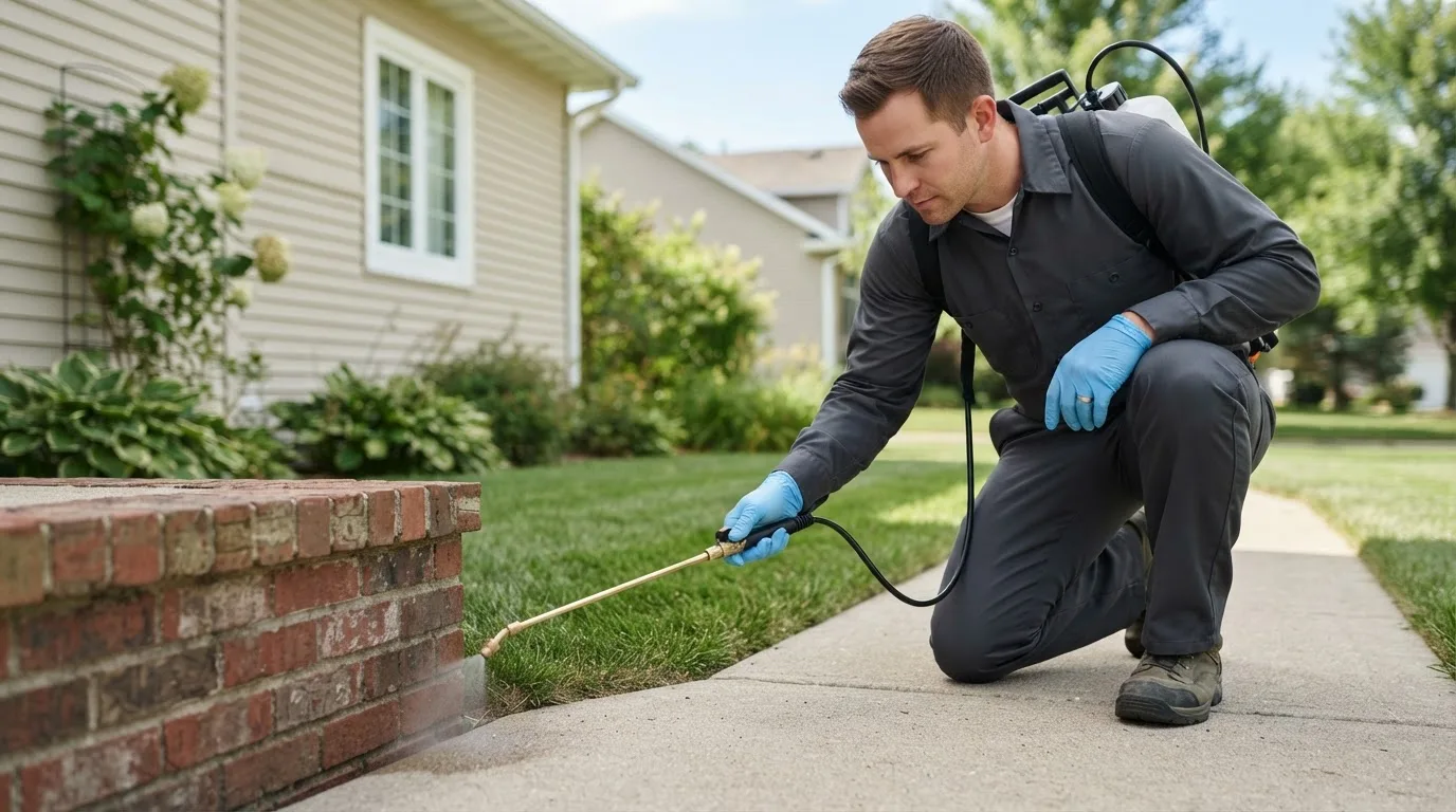 Pest control technician treating a home near Eaton, OH