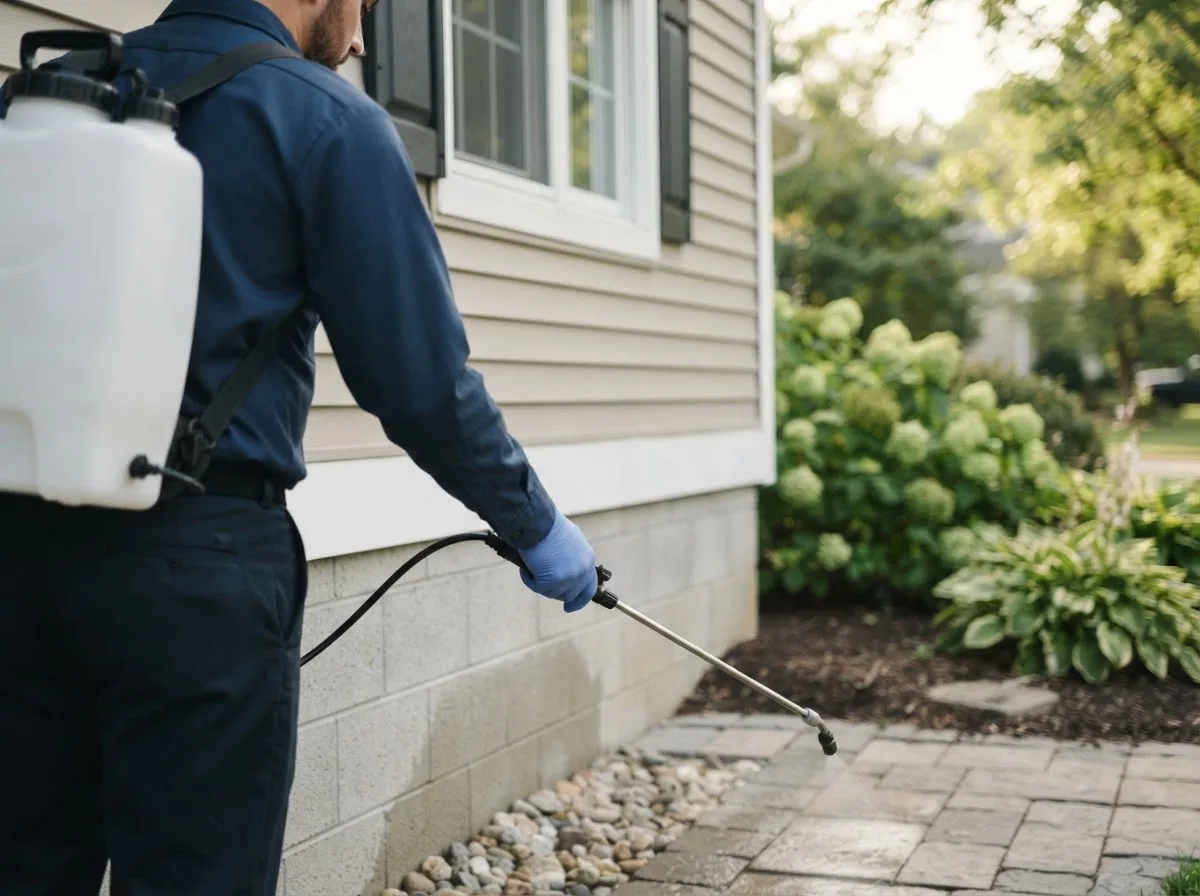 Pest control technician inspecting a home in Eaton, OH